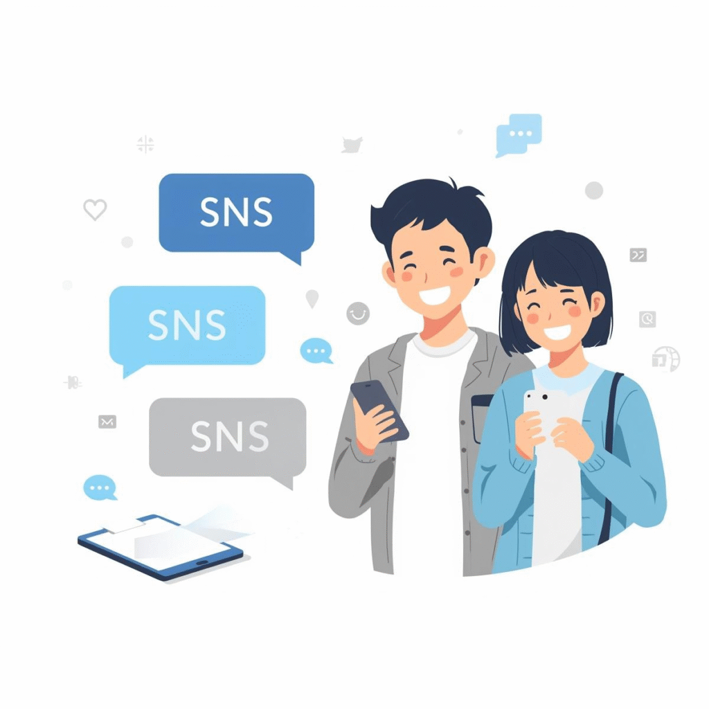 SNSやネットの口コミや体験談を象徴するイラスト。スマホを見る人物と吹き出しでリアルな声を表現