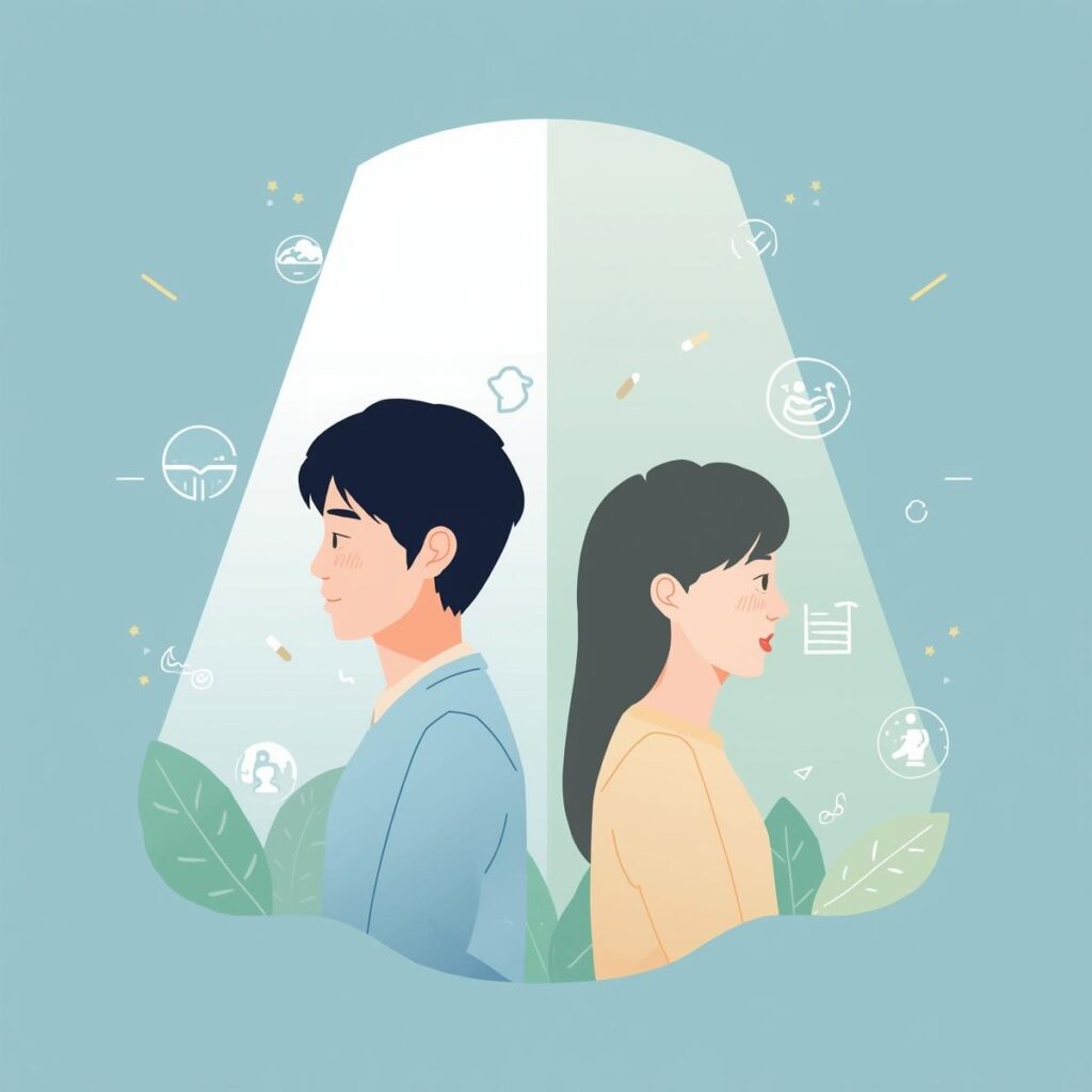 向かい合わず背中合わせに立つ若い男女が、落ち込みから回復へ向かう心の変化をイメージした優しい光に包まれている様子。周囲には深呼吸・休息・癒しを象徴するアイコンが浮かぶフラットイラスト。