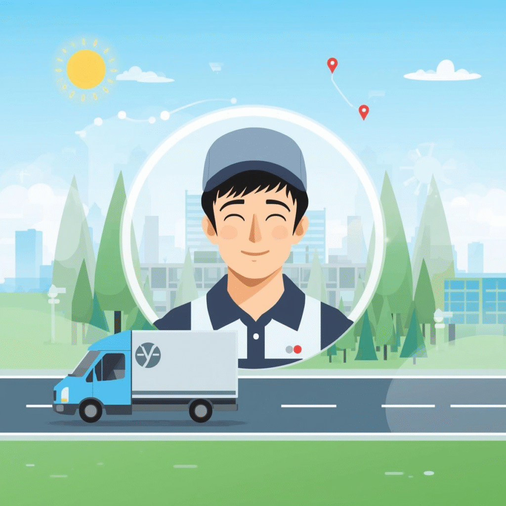 ルート配送が合う人をイメージしたイラスト。笑顔のドライバーが青空の下で働く前向きなシーン