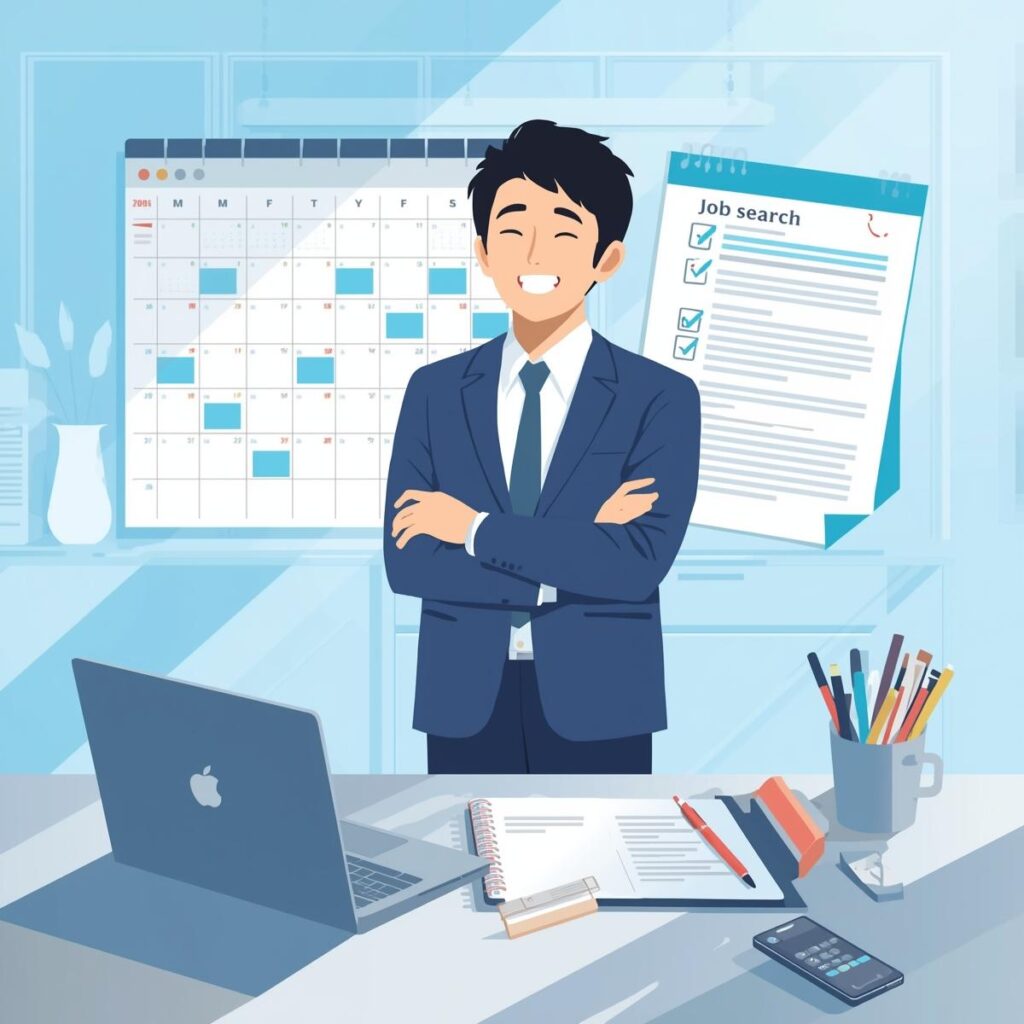 転職活動で休みすぎの不安を解消し、現職と内定を両立できた会社員がスケジュールを整えているイラスト