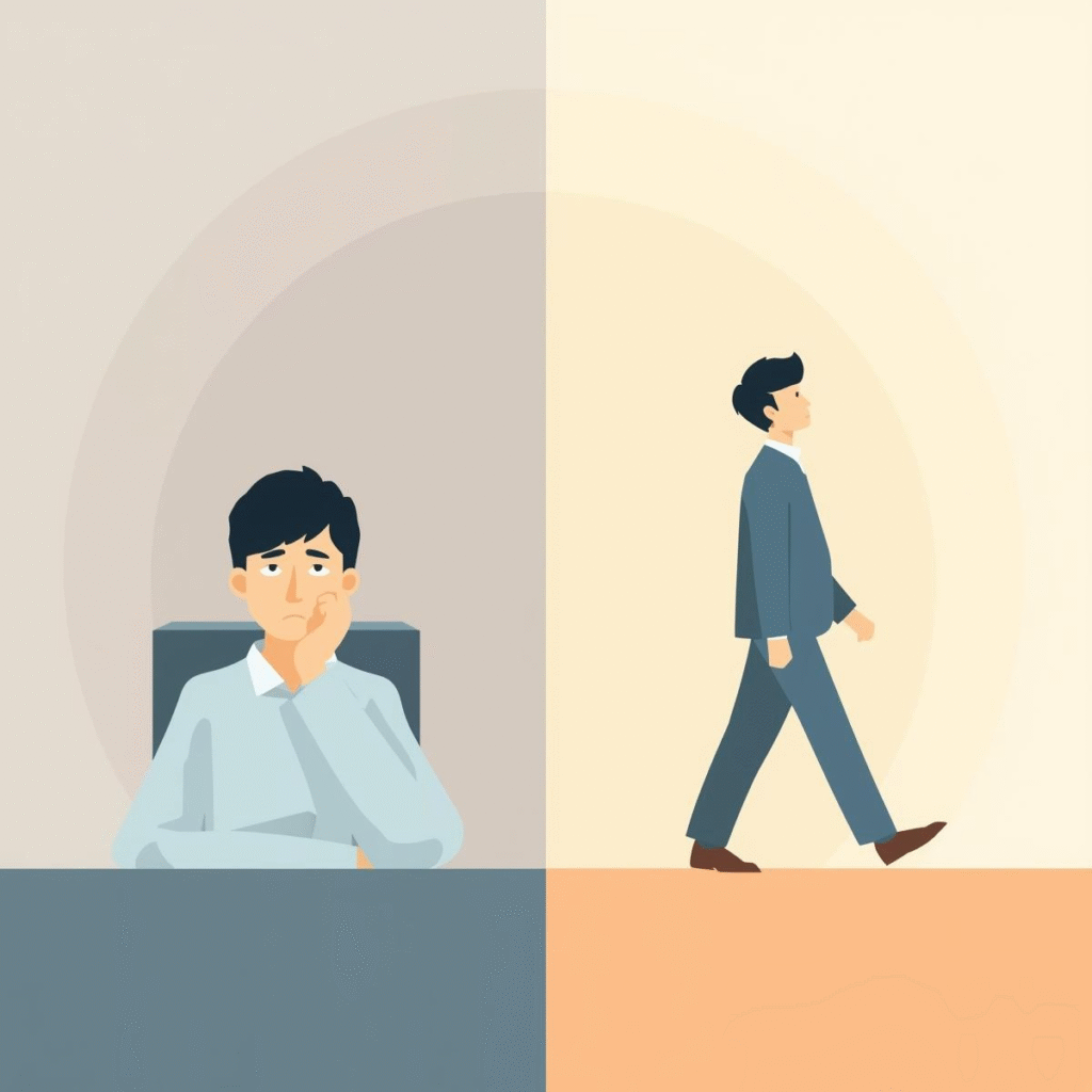 仕事を辞めたいと感じた人が新しい道を考える様子を描いたイラスト。左に悩む人物、右に希望を持って歩く人物