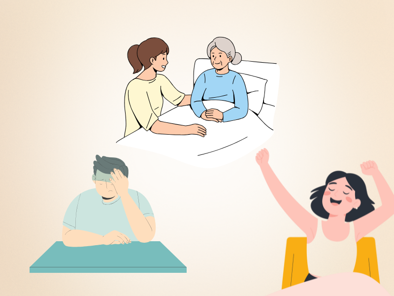 介護中の女性と高齢の母親、頭を抱える男性、元気に両手を上げる女性が描かれたイラスト。療養・介護・リフレッシュによる転職ブランクを象徴している。