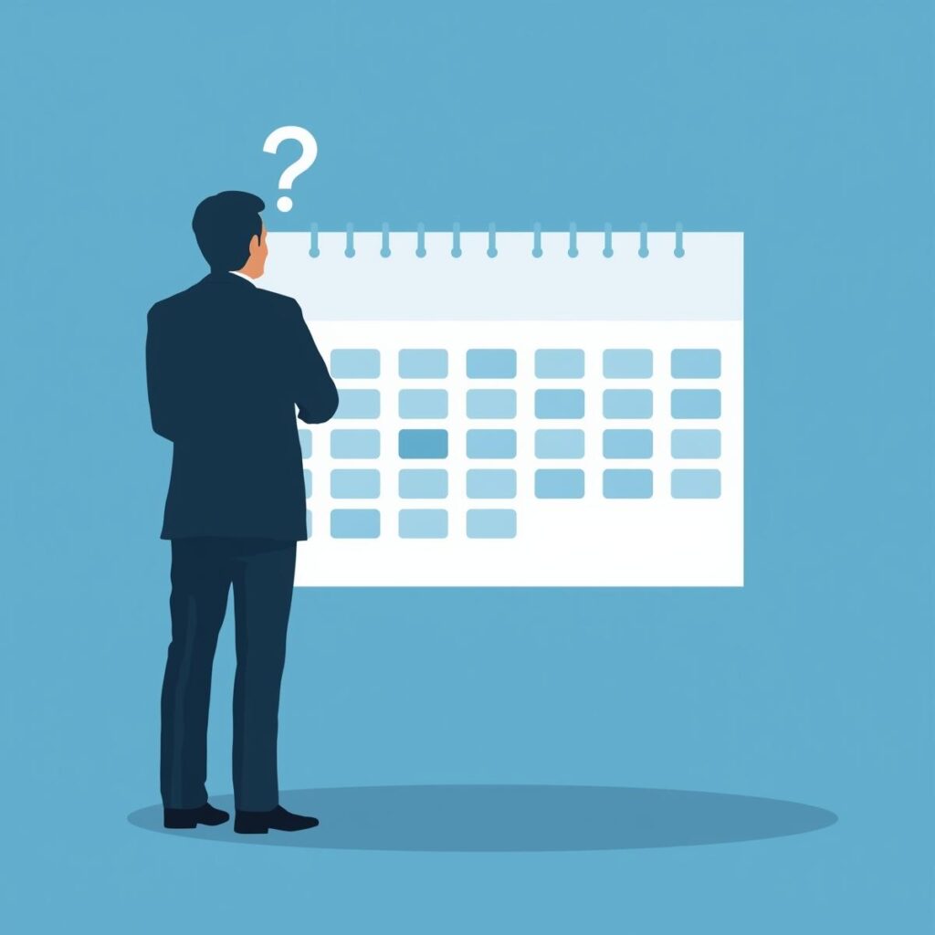 年間カレンダーの採用ピーク月を確認する日本人ビジネスパーソンのイラスト