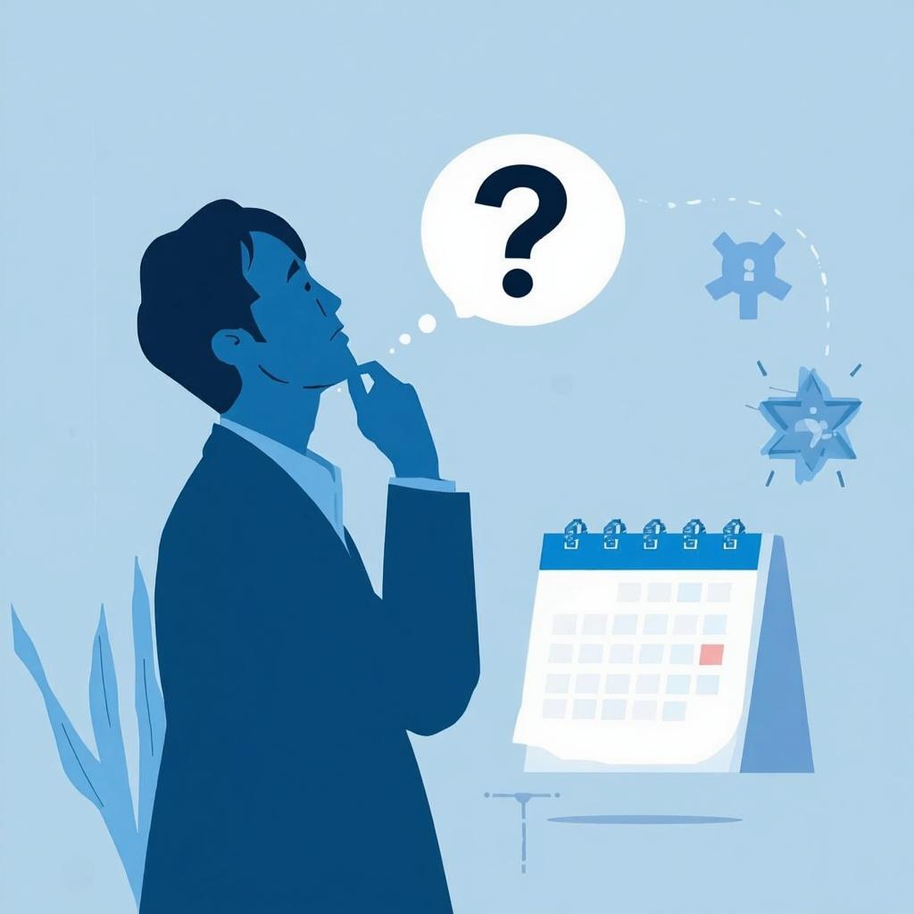 日本人ビジネスパーソンがカレンダーを見て、転職をもう少し待つべきか悩んでいる様子のイラスト