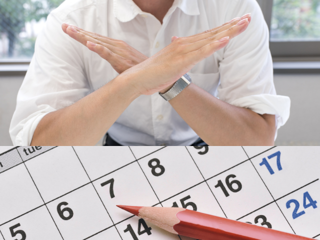 面接日程が合わず不安を感じる場面を表した画像。×ポーズをする男性とカレンダーを背景に、「日程が合わない＝不採用ではない」というメッセージを伝えている。