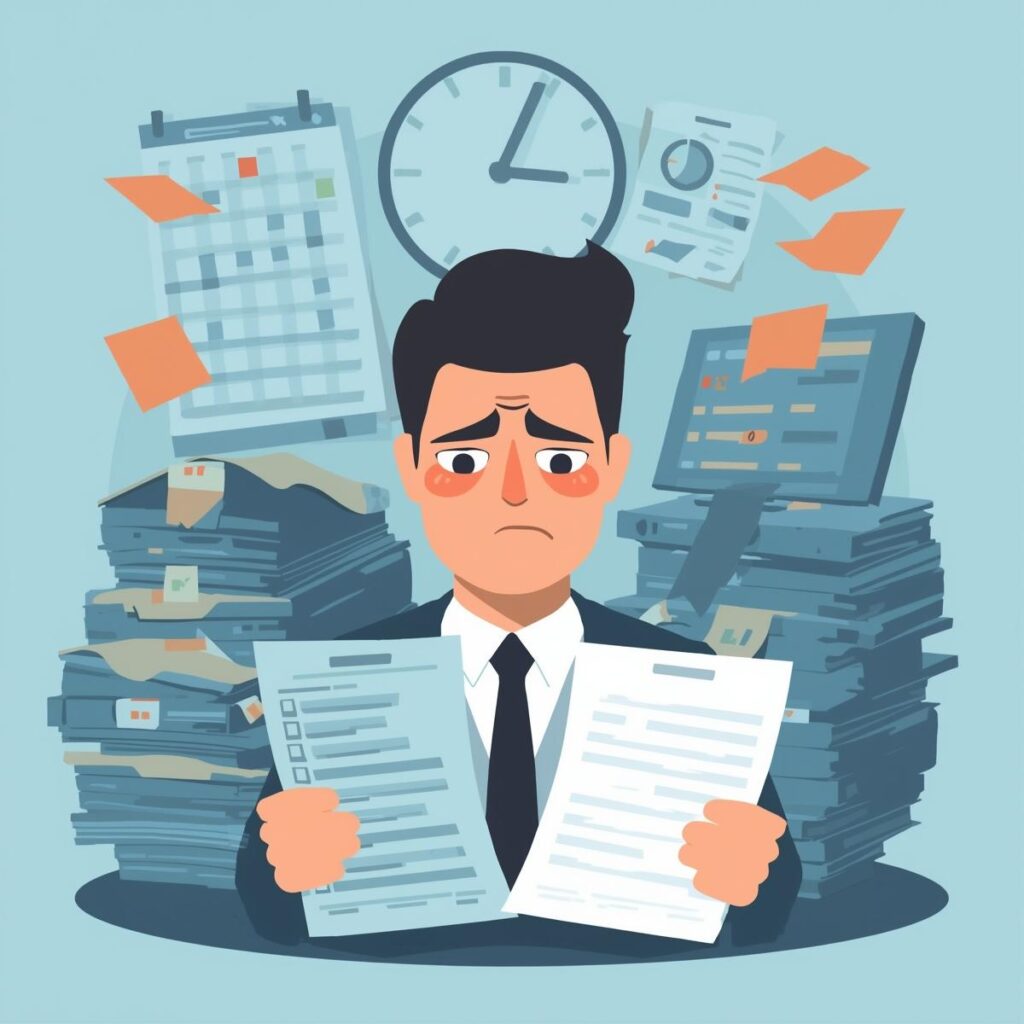 転職活動中に休みすぎてしまう背景として、カレンダーとタスクに追われ悩むビジネスパーソンのイメージ。時間不足や仕事と転職準備の両立で困っている様子を描いたオフィスシーン