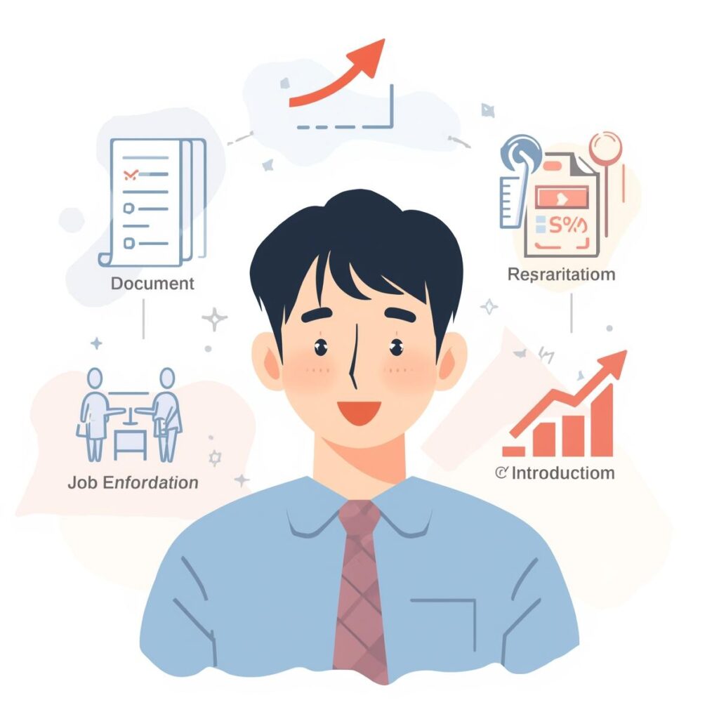 就職支援サービスのサポートを受ける若い男性のイラスト。