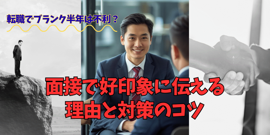 スーツ姿の男性が面接で笑顔を見せながら応対している様子。左には崖の上で悩むビジネスマン、右には握手する手元が写り、転職面接や再出発を象徴する構成。