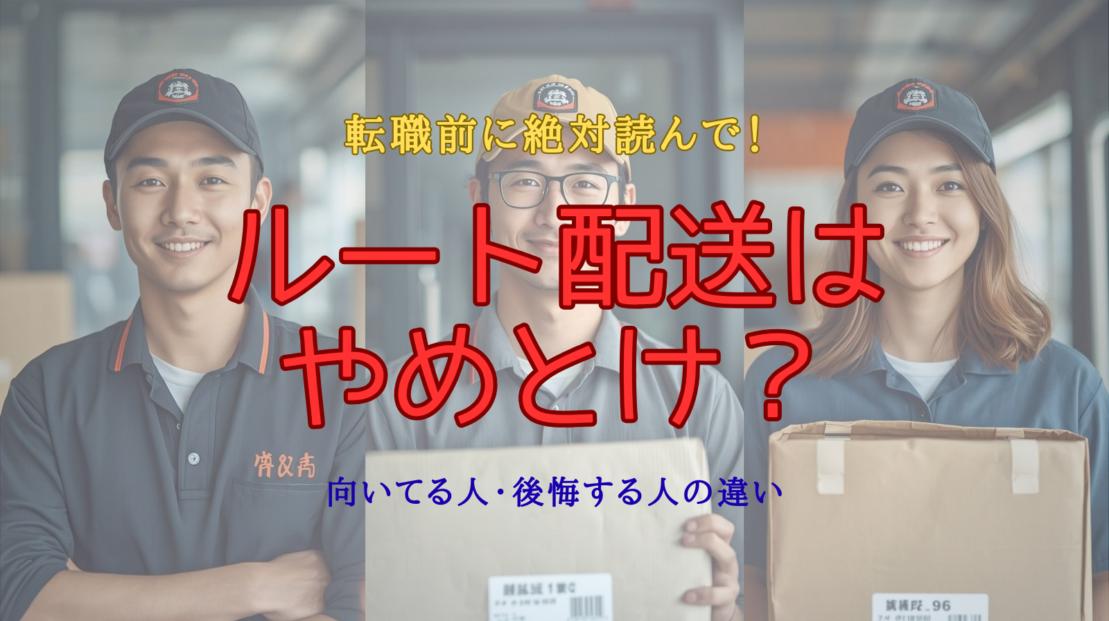 転職前に絶対読んで!ルート配送はやめとけ?向いてる人・後悔する人の違い。笑顔の配送ドライバー3人が写るアイキャッチ画像