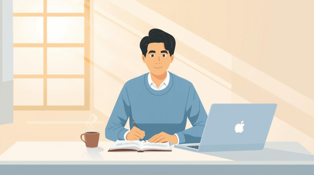 ノートに自己分析を書き込む男性のイラスト。机の上にはノートパソコンとコーヒーカップが置かれ、窓から明るい日差しが差し込んでいる。