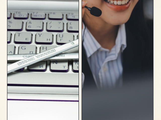 転職エージェントやオンラインサポートをイメージした画像。マイクで話す女性とパソコン作業が重なり、支援ツールの活用を表現している。