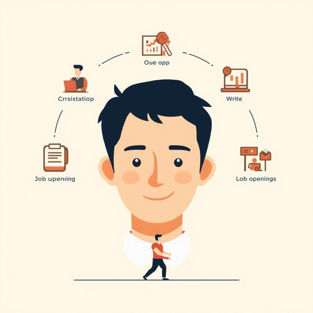 求職活動に向けて小さな一歩を踏み出す若い男性を中心に、履歴書作成・求人検索・応募準備など“今日からできる行動”を示すアイコンが周囲に配置されたフラットイラスト。