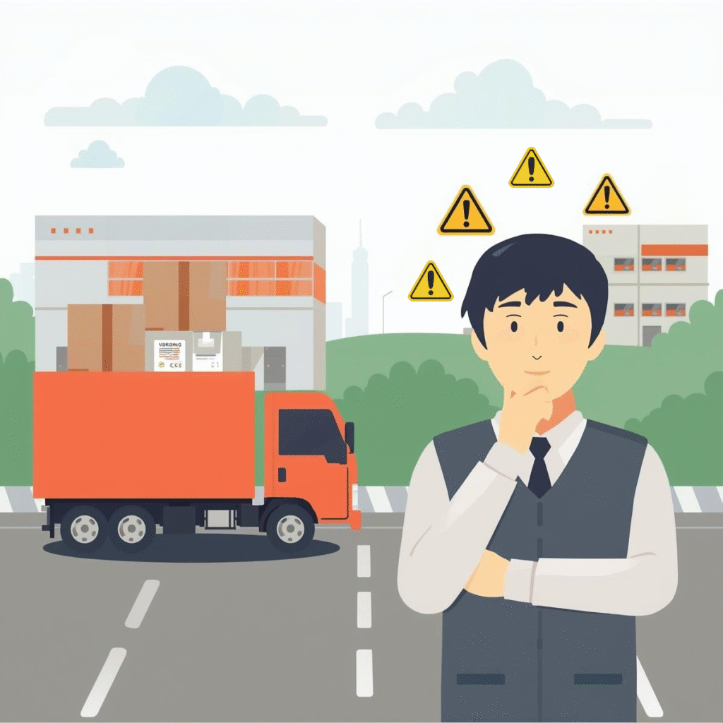 ルート配送がやめとけと言われる理由を表すイラスト。赤いトラックと倉庫を背景に、考え込む男性ドライバーの上に警告マークが浮かんでいる