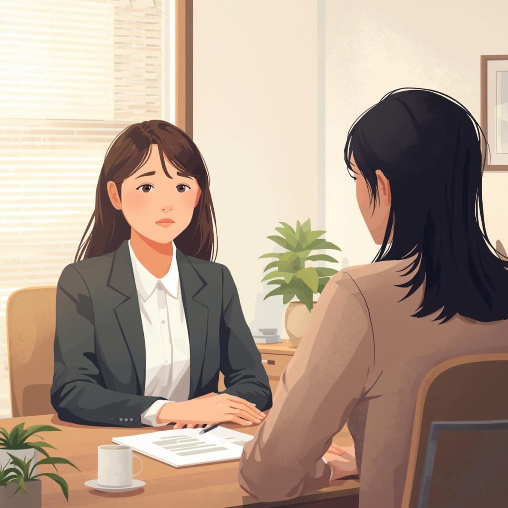 日本人の転職希望者がキャリアアドバイザーと相談し、不安を解消しながら転職サポートを受けているイラスト
