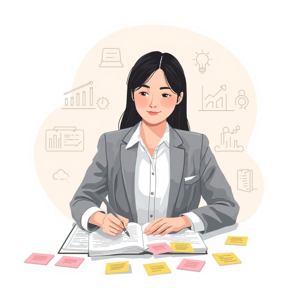 仕事を続けると決めた人が改善策を書き出して前向きに取り組む日本人会社員のイラスト。