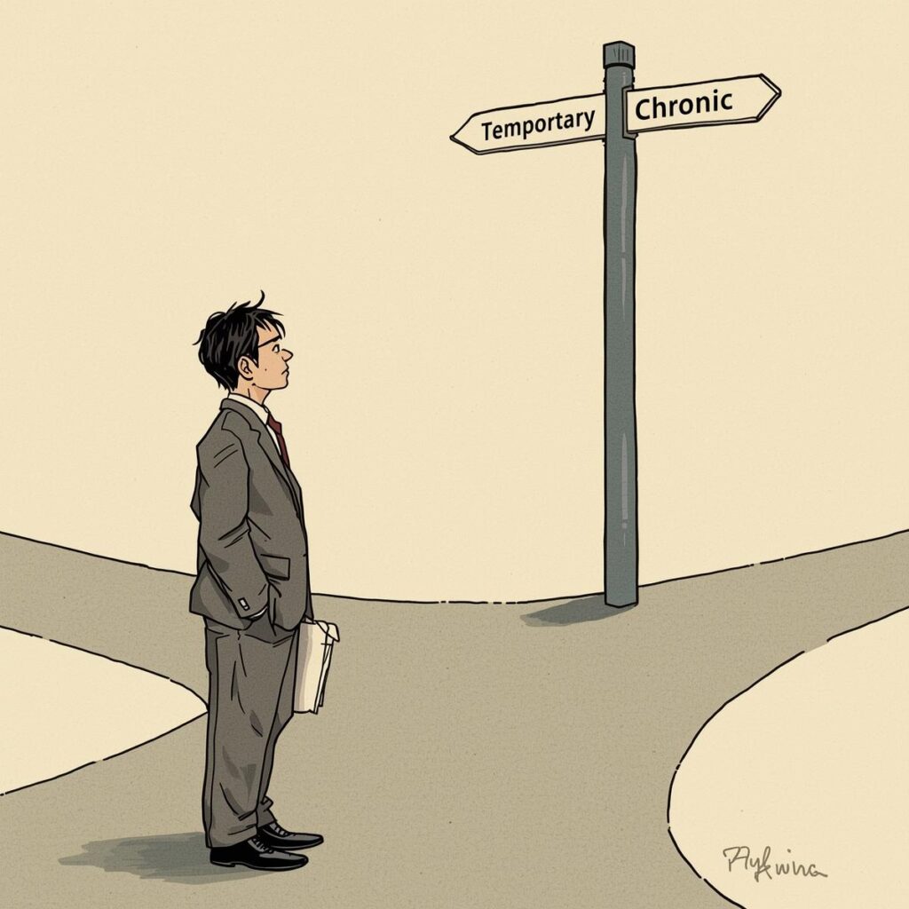 一時的か慢性的かを判断するため、分かれ道で悩む日本人ビジネスパーソンのイラスト。