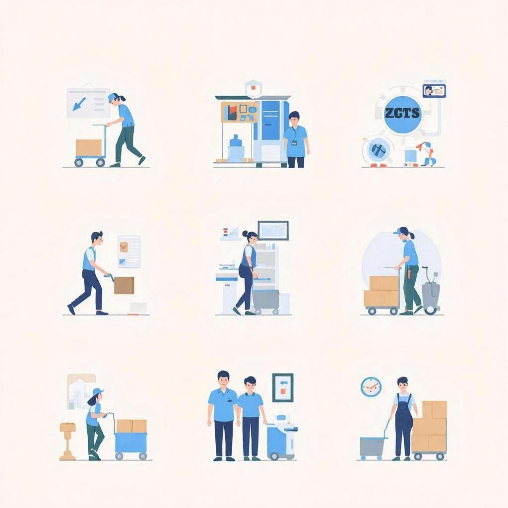 倉庫作業、軽作業、清掃、配送補助、介護補助など、未経験から始めやすい仕事を9つのシーンで表現したフラットイラスト。箱運び・検品・清掃などの作業風景がわかりやすく描かれている。