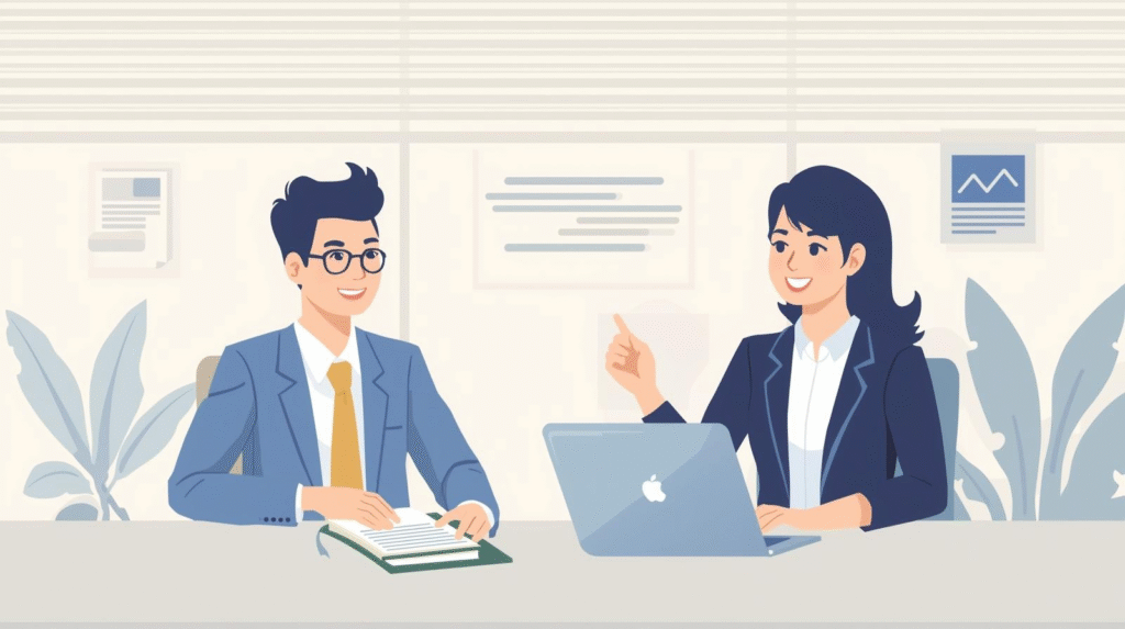 転職エージェントと面談する20代男性のイラスト。ノートパソコンとノートを前に笑顔で話し合う様子が描かれている。