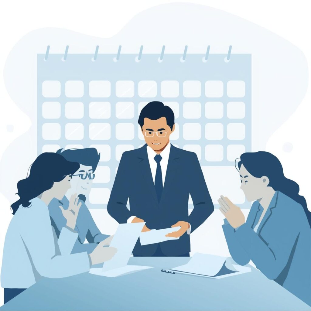 30代後半から40代の日本人ビジネスパーソンがチームをリードしながら、転職時期を示すカレンダーを確認しているイラスト