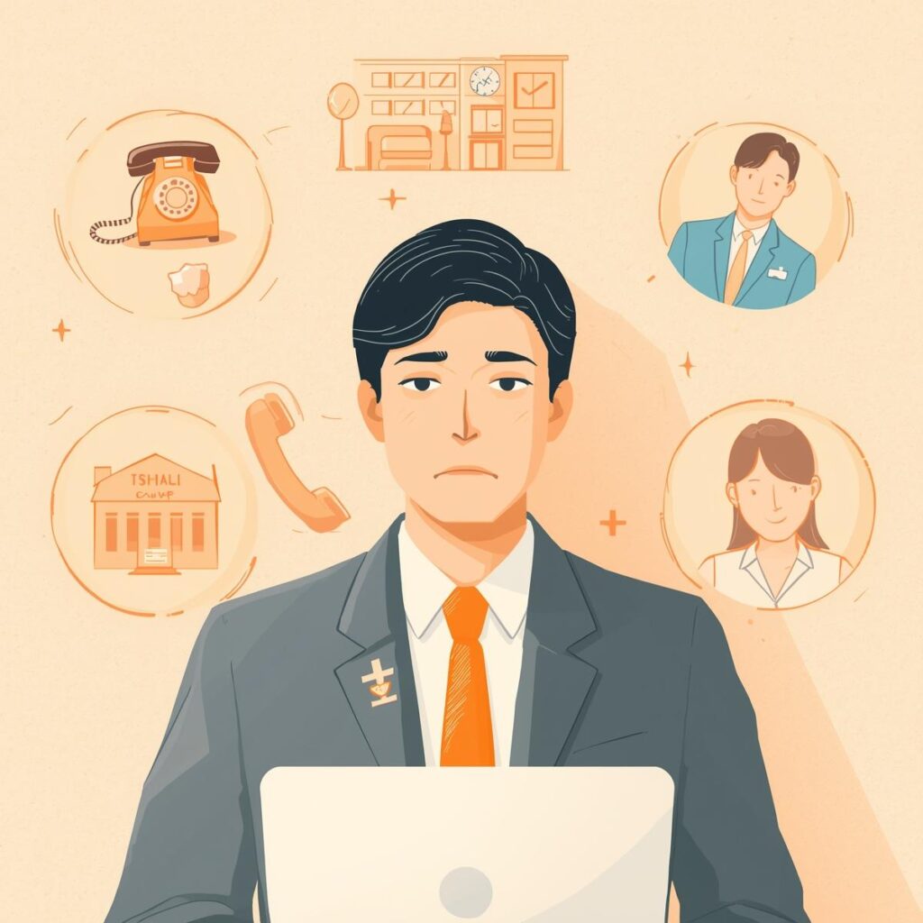 専門家や相談窓口に頼るべきサインとして、心身の不調に悩む日本人会社員を支える相談アイコンのイラスト。