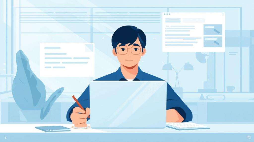 ノートパソコンの画面に向かい、キーワードを分析している20代男性のイラスト。手にはペンを持ち、明るいオフィスで落ち着いた表情をしている。