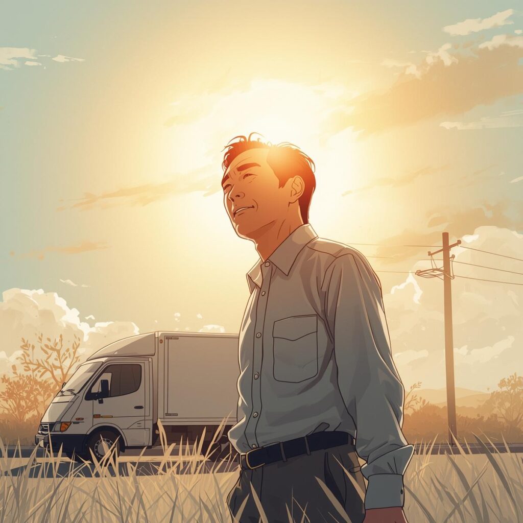 朝日に照らされながら前向きに歩き出す40代日本人男性のイラスト。新しいキャリアに踏み出す希望と決意を象徴している。