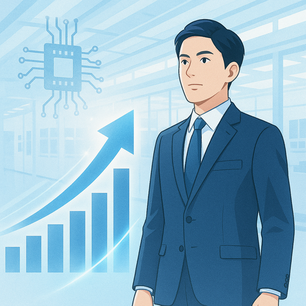 半導体業界の成長を示す上昇グラフと工場背景の画像