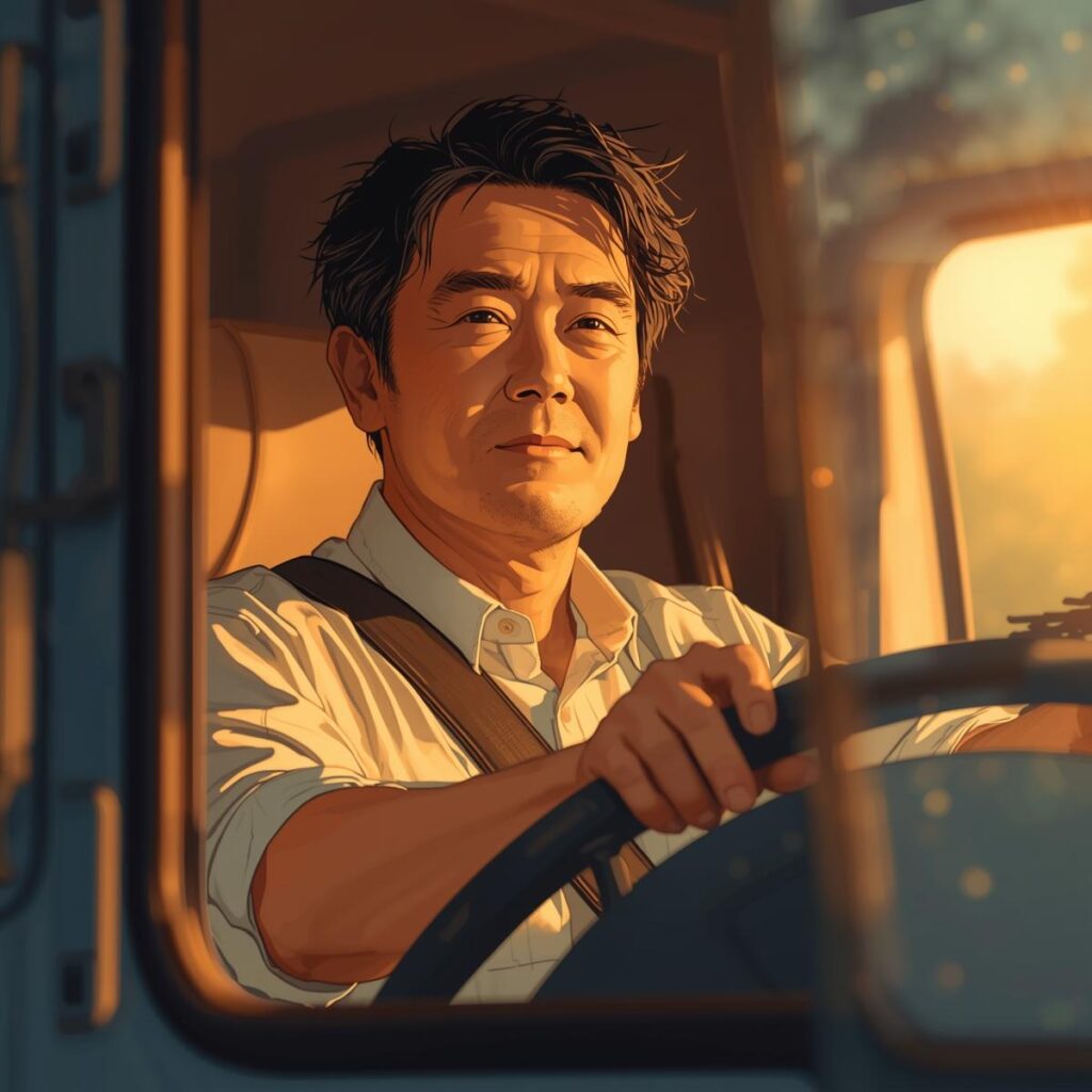 運転席で前向きな表情を見せる40代日本人男性ドライバーのイラスト。安全運転や誠実さといった採用される人の特徴を象徴している。