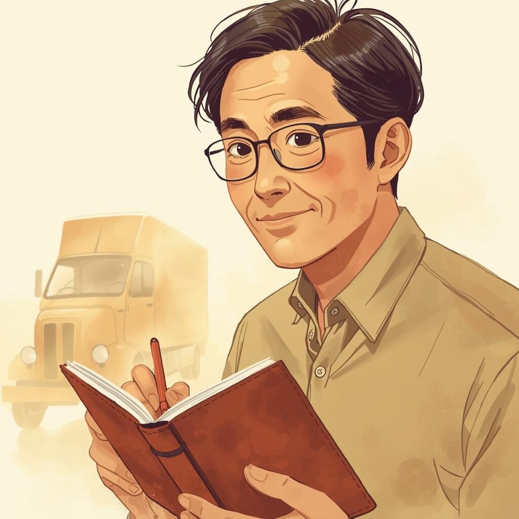 働き方・体力・家族・通勤の条件をノートに書き出し、転職準備を進める40代日本人男性のイラスト。背景に配送車のシルエットが描かれている。