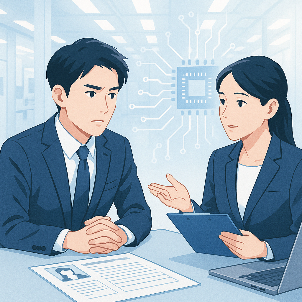 半導体転職で特化型エージェントに相談する日本人ビジネスパーソンの画像