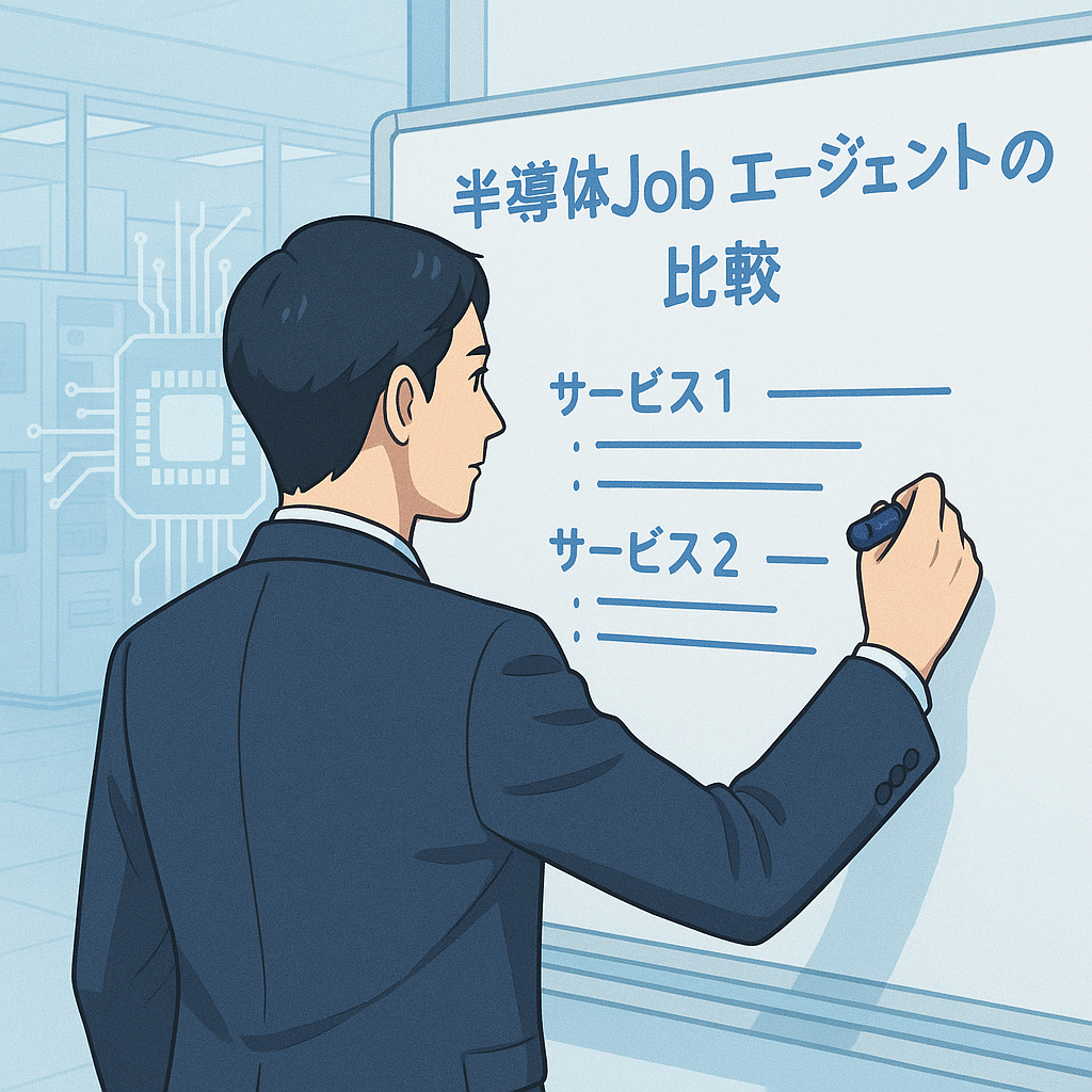 半導体転職エージェントを比較する日本人ビジネスパーソンのイラスト