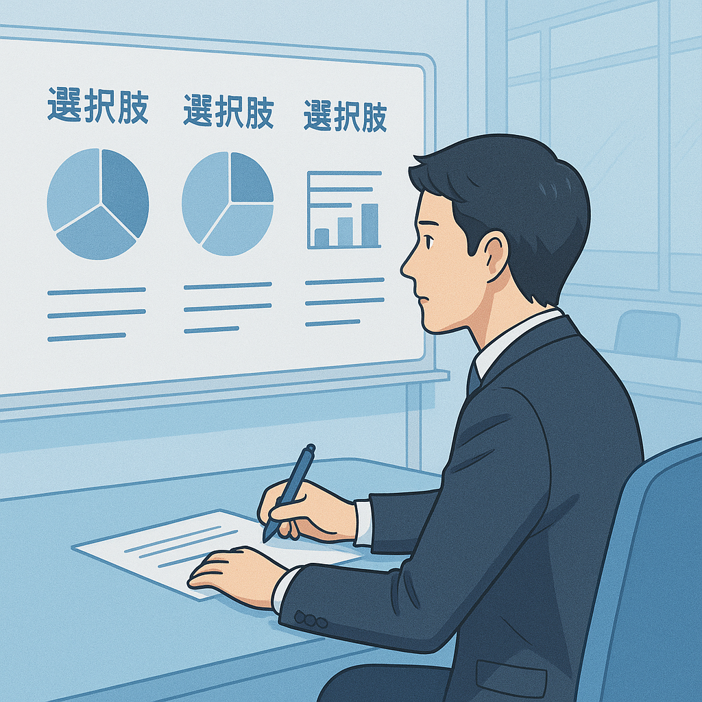 複数エージェントを比較して検討する日本人ビジネスパーソンのイラスト