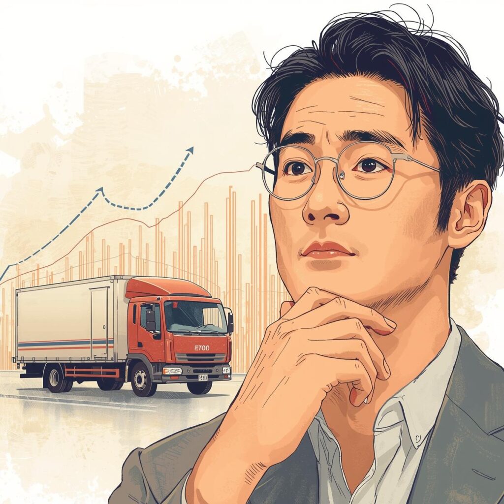 収入のグラフを見ながら将来の年収を考える40代日本人男性のイラスト。未経験ドライバーとしての現実的な収入イメージを検討する様子を描いている。