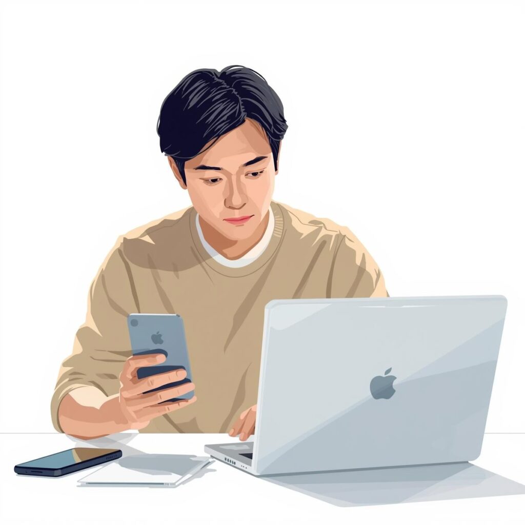 スマホ画面で複数の転職サービスを比較する40代日本人男性のイラスト。ドライバー向け求人サイトを選ぶ場面を表現している。