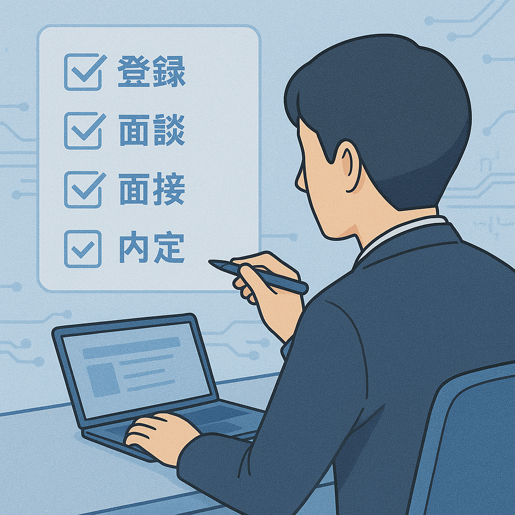 半導体転職の登録から内定までの流れを確認するイラスト