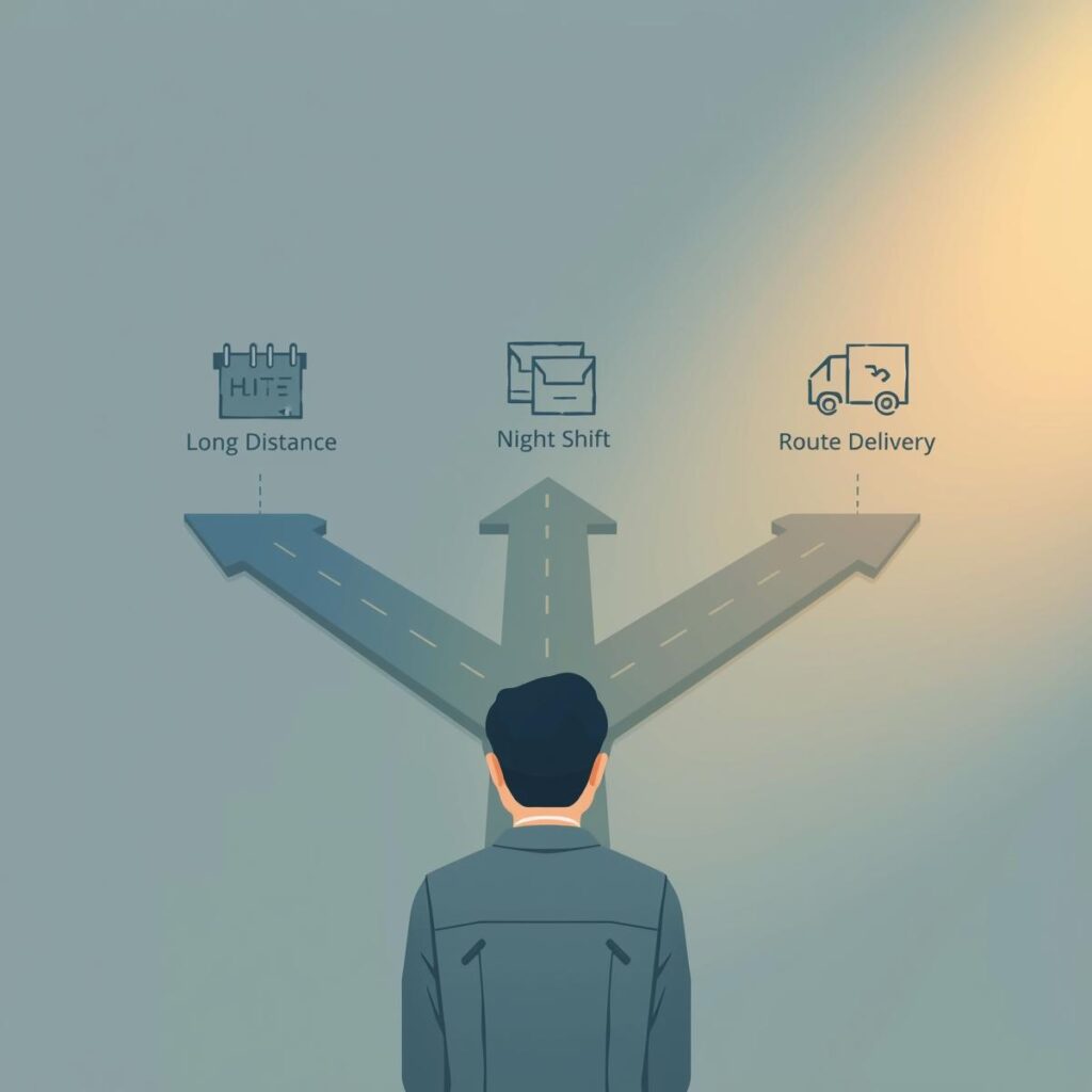 長距離・夜勤・ルート配送の選択肢に迷い、立ち止まる40代日本人男性のイラスト。複数の働き方から選べず悩む様子を表現。