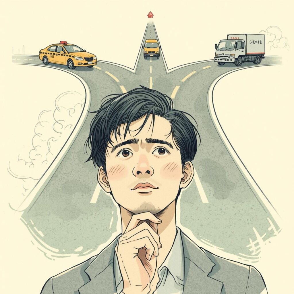 タクシー・配送トラック・ルート配送車を比較しながら働き方を選ぶ40代日本人男性のイラスト。複数のドライバー職から職種を検討する様子を表現。