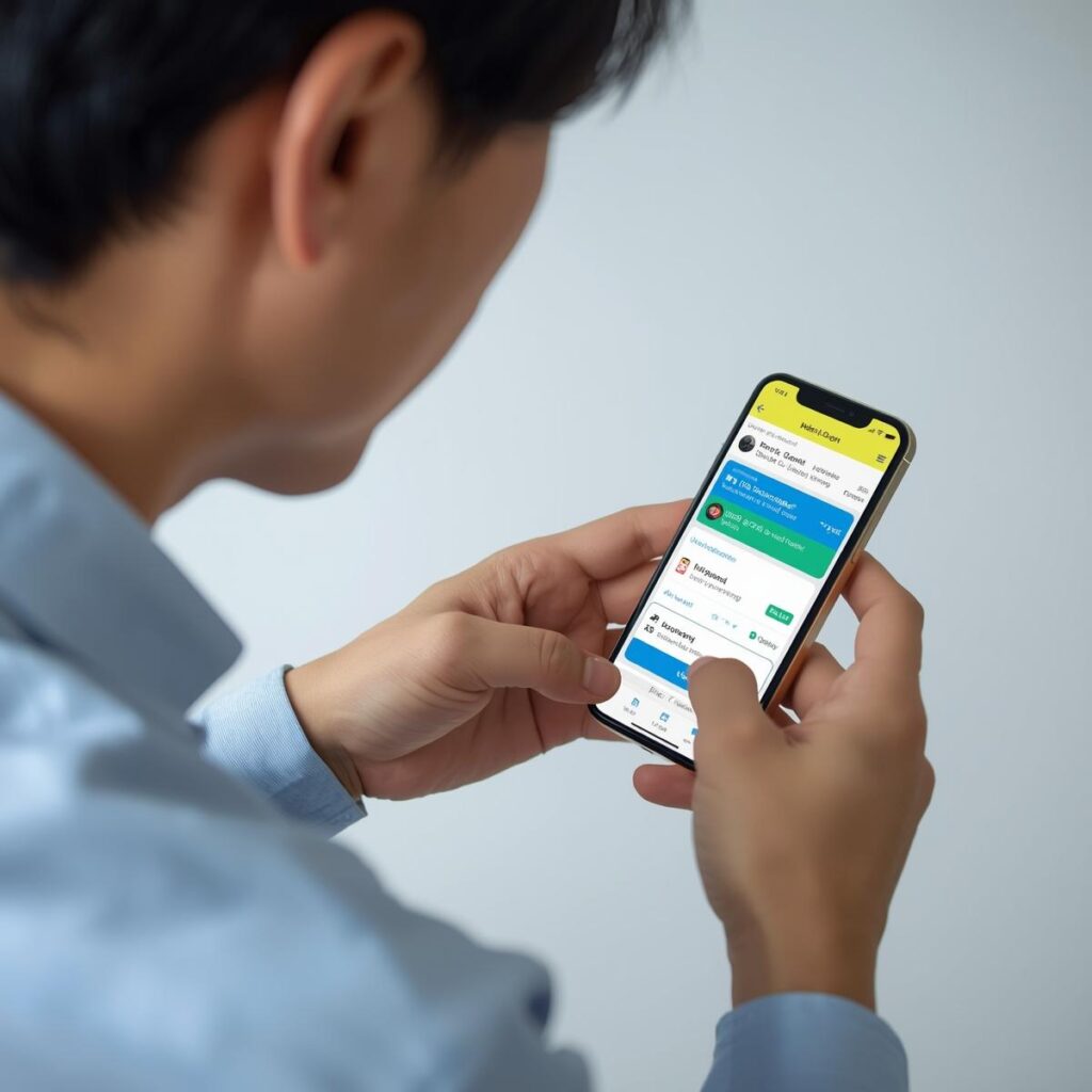 スマホ画面で複数の転職サービスを比較する40代日本人男性のイラスト。ドライバー向け求人サイトを選ぶ場面を表現している。