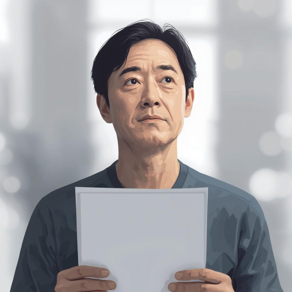 ドライバーに向いているかをチェックリストで確認する40代日本人男性のイラスト。集中力・誠実さなど適性を判断する場面を表現。