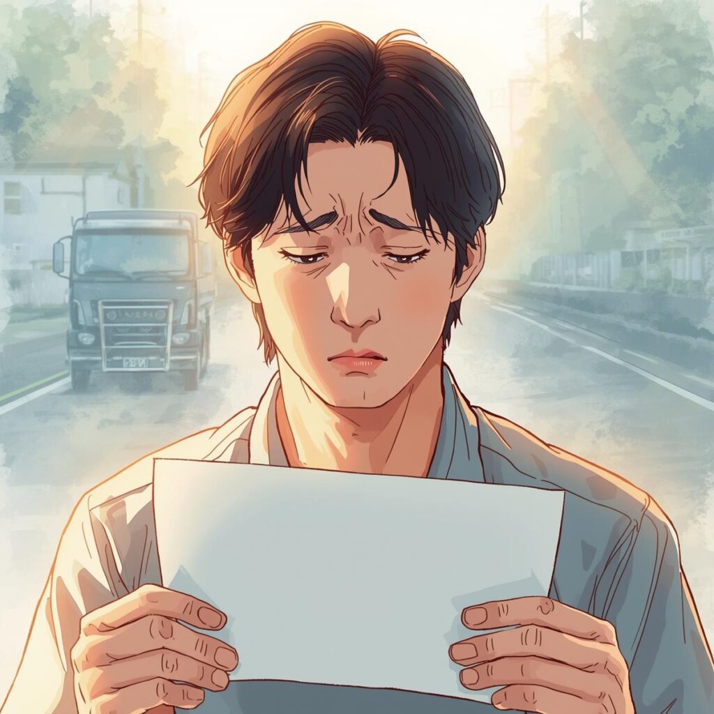 求人票を見つめて不安そうな表情を浮かべる40代日本人男性のイラスト。背景にトラックがぼんやり描かれ、転職への迷いを表現している。
