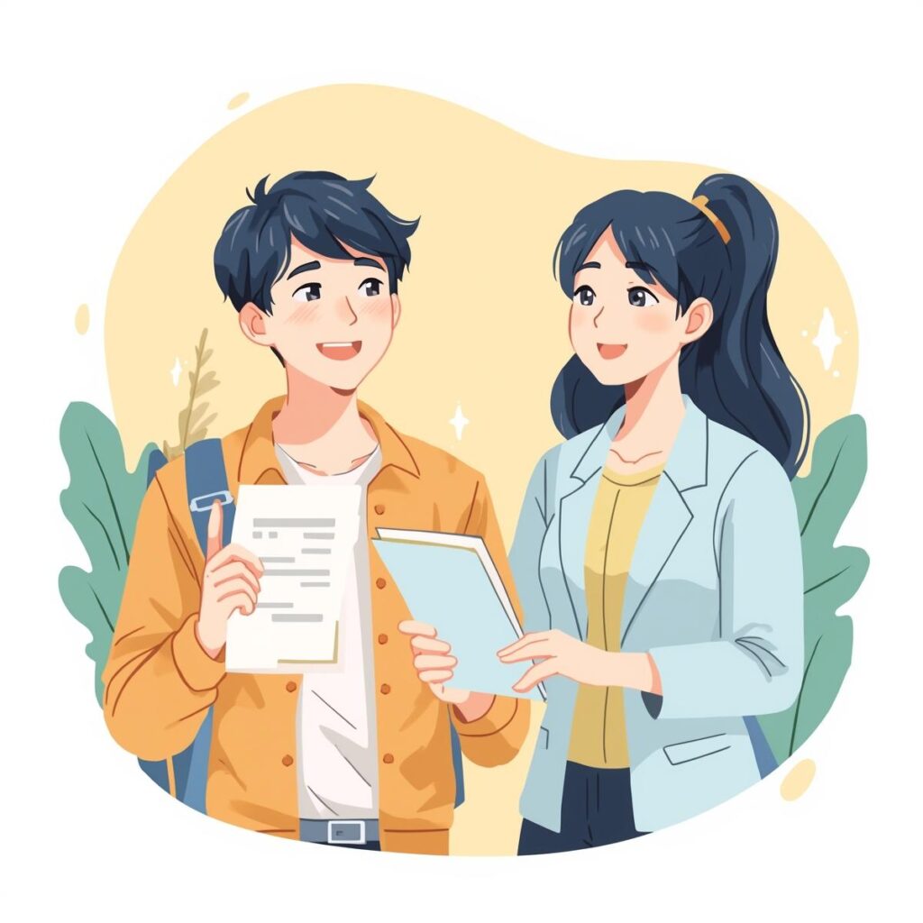 就職活動でキャリアアドバイザーのサポートを受ける20代日本人のイメージイラスト