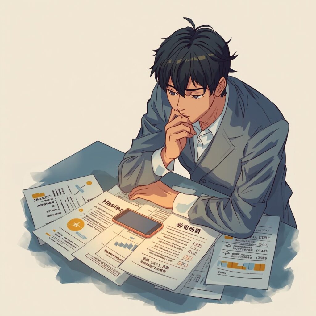 未経験OKのドライバー求人を慎重に比較する男性のイラスト