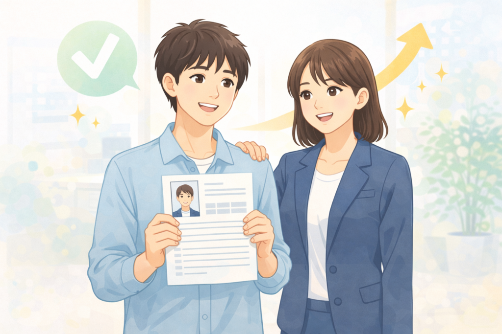 履歴書を手にした20代日本人男性にキャリアアドバイザーが寄り添い、未経験転職をサポートしているイメージイラスト