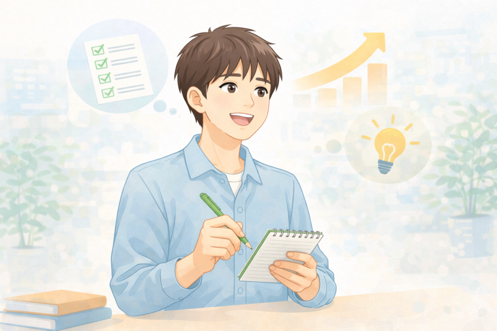 転職を成功させるためのコツを理解し、メモを取りながら準備を進める20代日本人男性のイメージイラスト