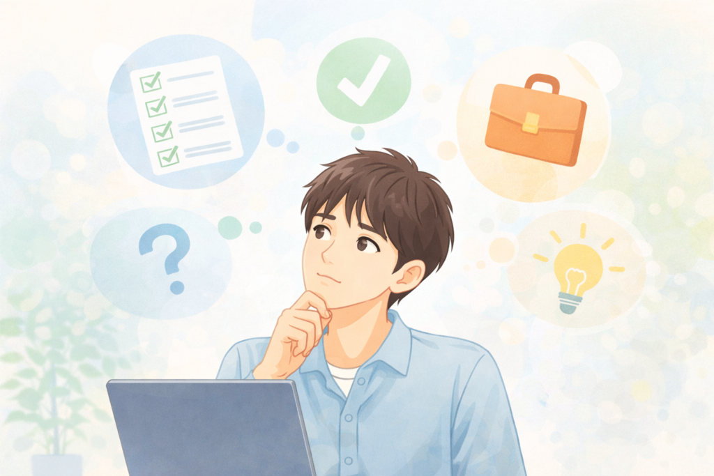 自分に合う転職サービスを検討しながら考えている20代日本人男性のイメージイラスト