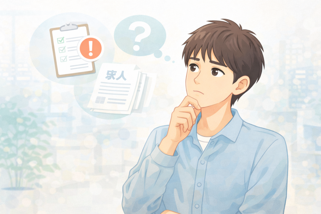 転職サービスの注意点を考えながら、求人情報を前に悩む20代日本人男性のイメージイラスト