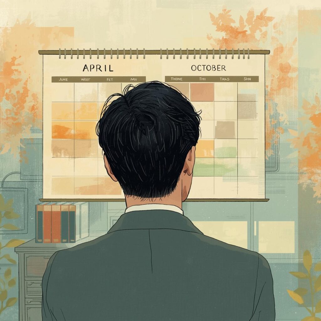 日本特有の採用時期である4月と10月を意識して転職時期を考える様子