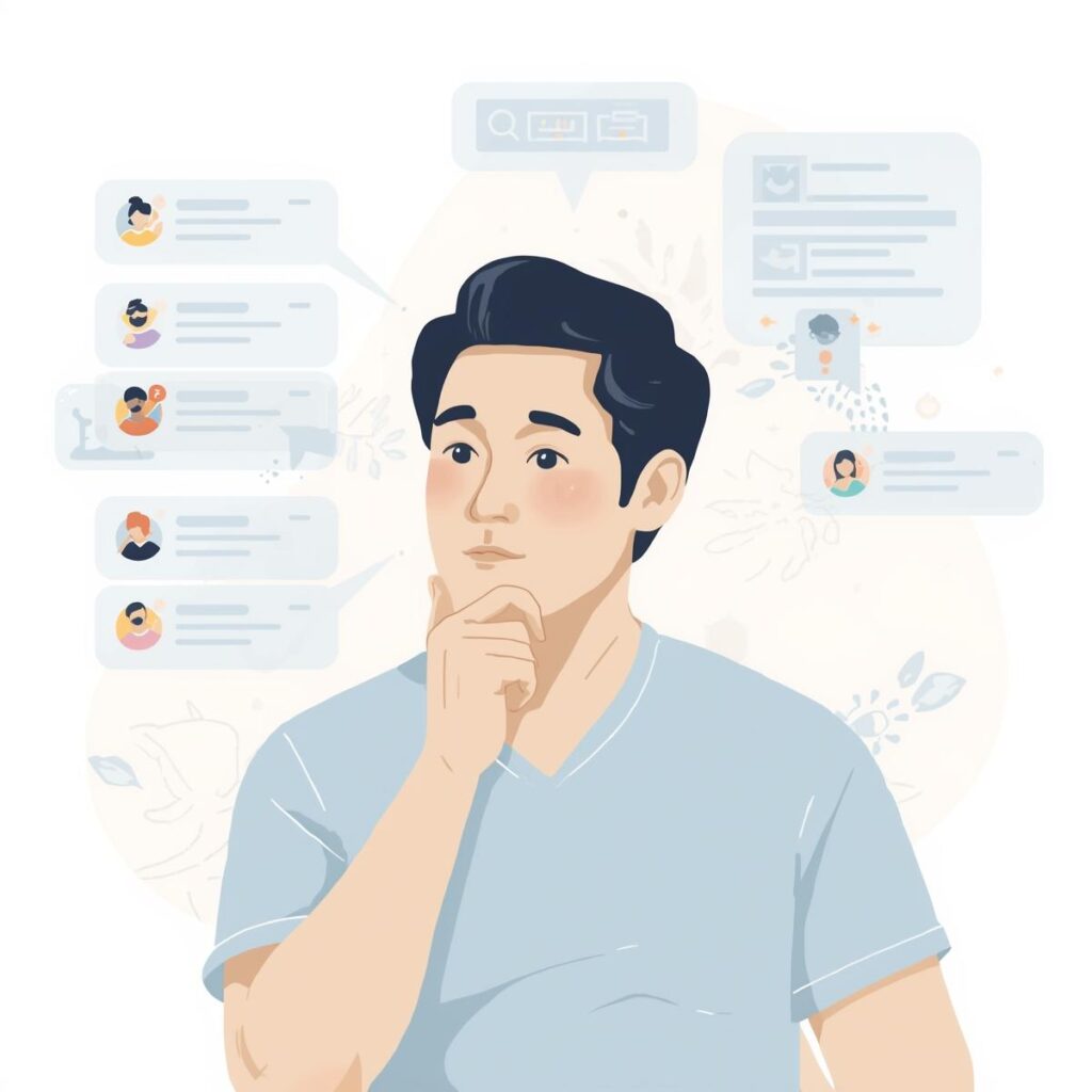 未経験ドライバー転職で求人を比較し慎重に判断する男性のイラスト