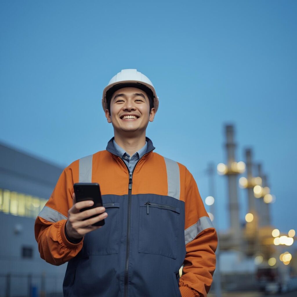 工場転職を成功させて晴れ晴れとした表情で立つ男性スタッフのイメージ