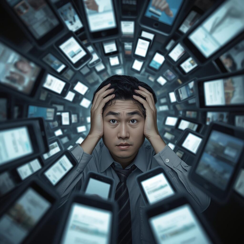 複数の工場求人サービスを前に迷っている男性のイメージ